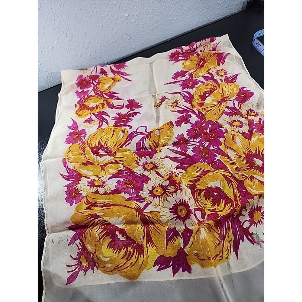 Vintage 50s Floral Silk Scarf  Sheer Rectangular‎ Japan Hand Rolled Silk Blend